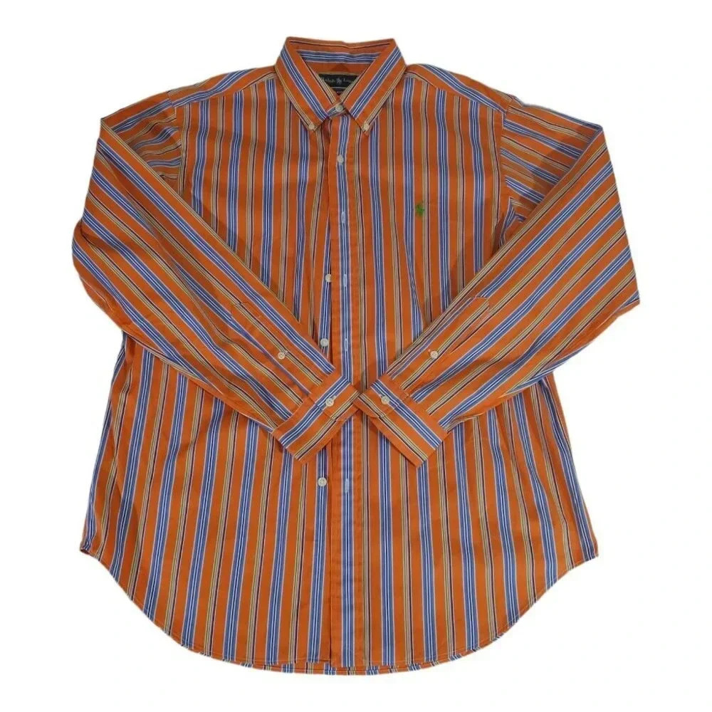 Ralph Lauren Polo Shirt Large Orange Blue Striped Classic Preppy Dress
